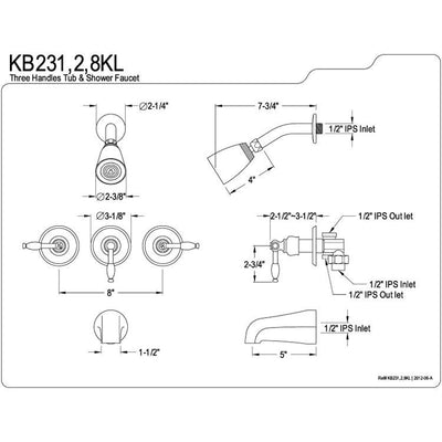 Kingston Magellan Satin Nickel Three Handle Tub and Shower Combo Faucet KB238KL