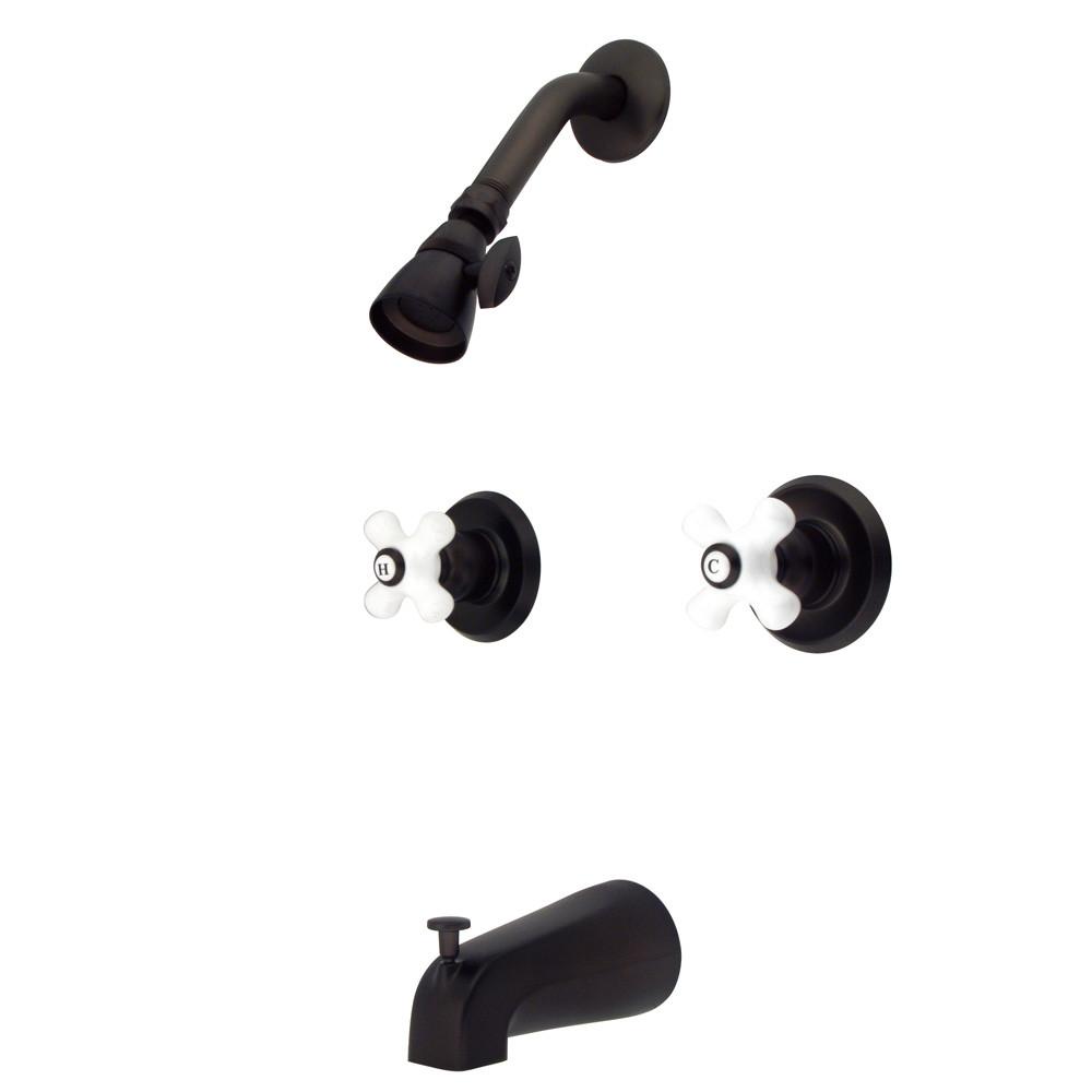 Oil Rubbed Bronze Magellan porcelain cross hdl tub & shower combo faucet KB245PX