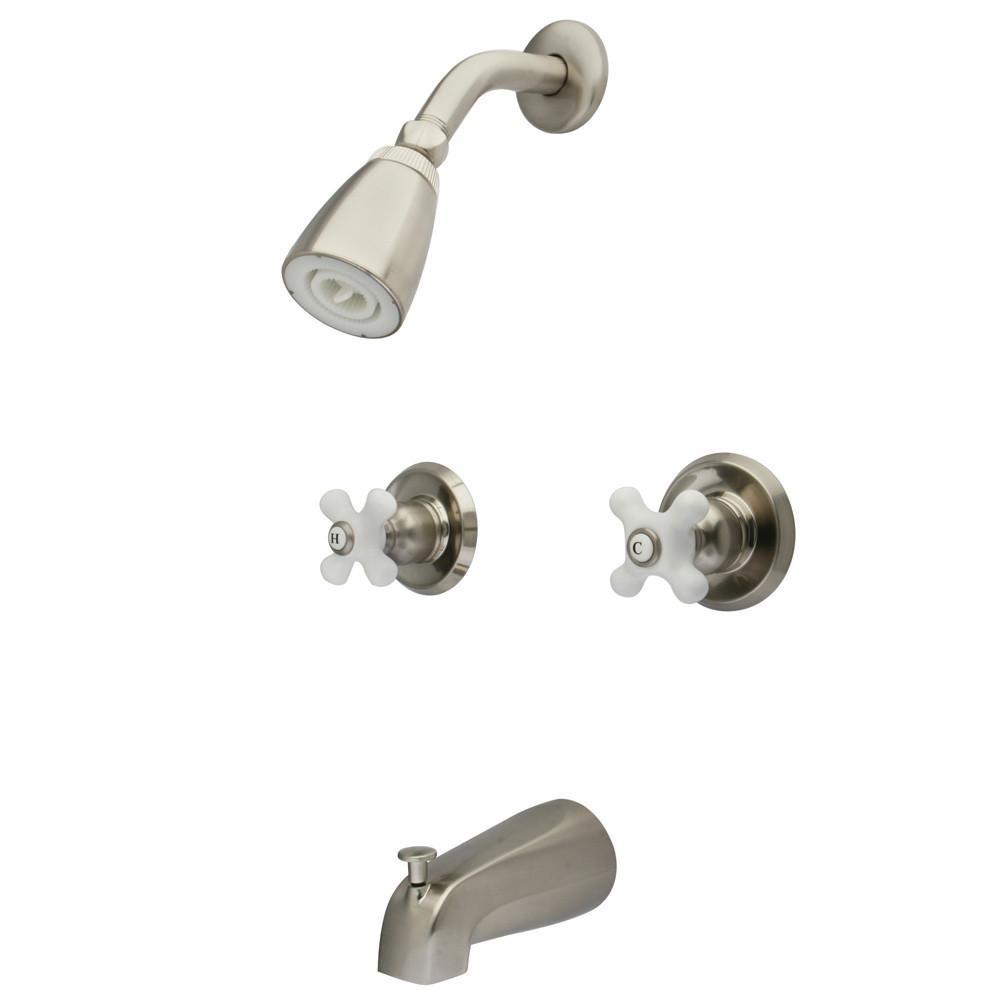 Satin Nickel Magellan porcelain cross handle tub & shower combo faucet KB248PX