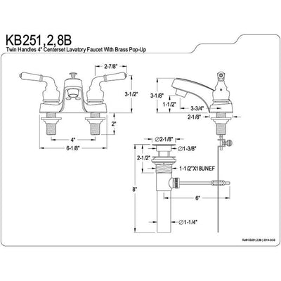 Kingston Brass Chrome 2 Handle 4" Centerset Bathroom Faucet w Pop-up KB251B