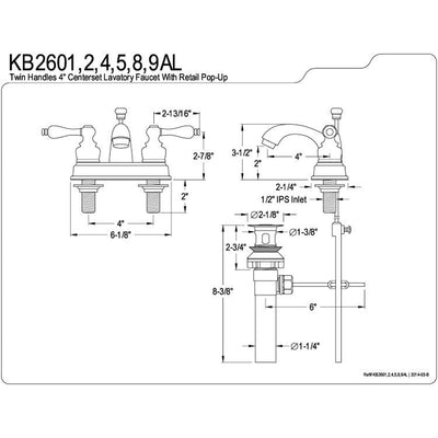 Kingston Brass Chrome 2 Handle 4" Centerset Bathroom Faucet with Pop-up KB2601AL