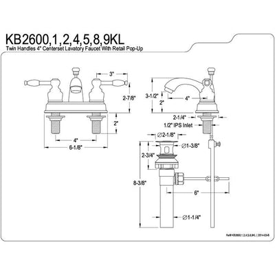 Kingston Chrome/Polished Brass 4" Centerset Bathroom Faucet w Pop-up KB2604KL