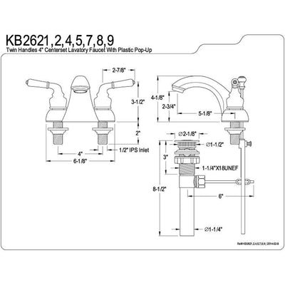 Kingston Polished Brass 2 Handle 4" Centerset Bathroom Faucet with Pop-up KB2622