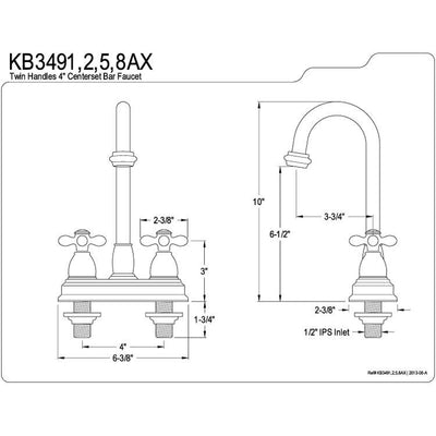 Kingston Brass Chrome Two Handle 4" Centerset Bar Prep Sink Faucet KB3491AX