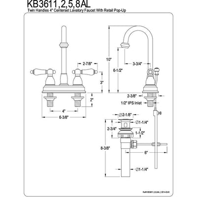 Kingston Chrome two handle 4" Centerset Bathroom Faucet with Pop-up KB3611AL