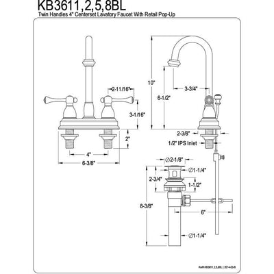 Kingston Chrome two handle 4" Centerset Bathroom Faucet with Pop-up KB3611BL