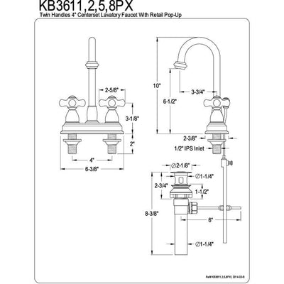 Kingston Chrome two handle 4" Centerset Bathroom Faucet with Pop-up KB3611PX