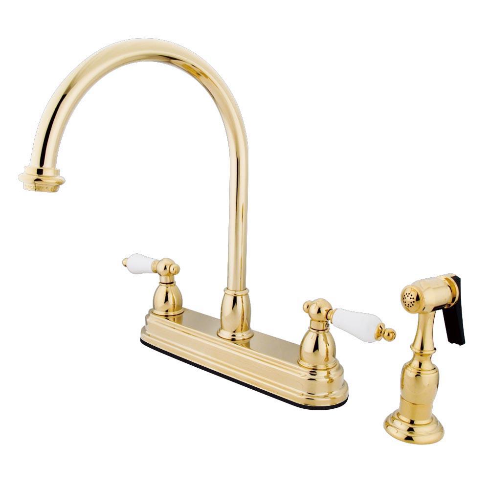 Kingston Polished Brass Two Handle 8" Kitchen Faucet With Brass Sprayer KB3752PLBS