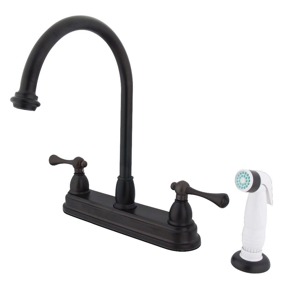 Kingston Oil Rubbed Bronze Two Handle 8" Kitchen Faucet w White Sprayer KB3755BL