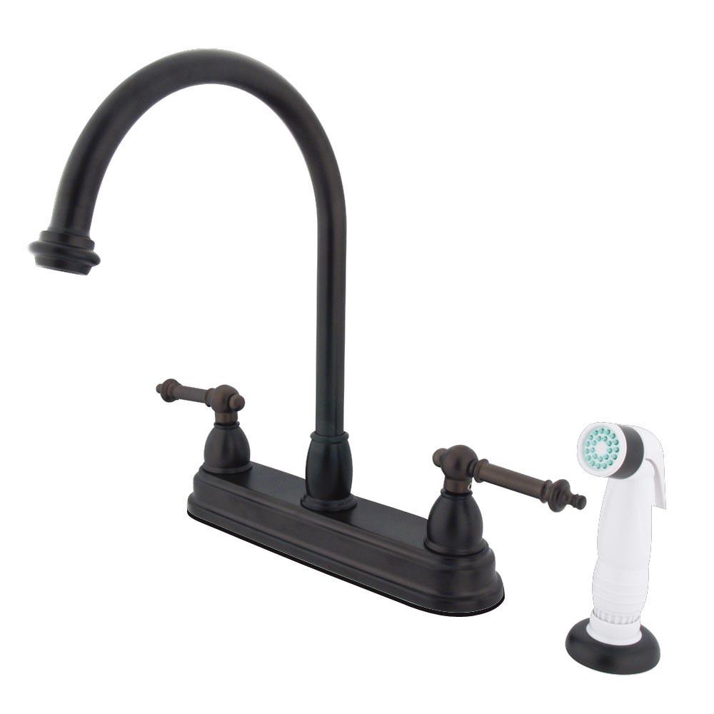 Kingston Oil Rubbed Bronze Two Handle 8" Kitchen Faucet w White Sprayer KB3755TL