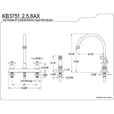 Kingston Brass Satin Nickel Two Handle 8" Kitchen Faucet with Sprayer KB3758AX