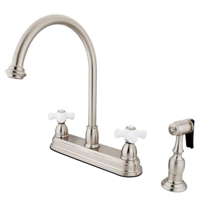 Kingston Satin Nickel Two Handle 8" Kitchen Faucet with Brass Sprayer KB3758PXBS