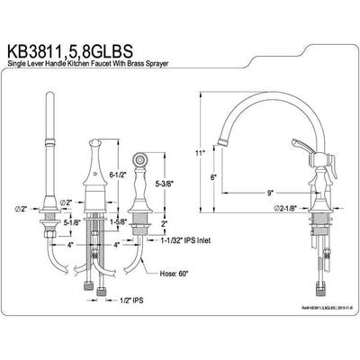 Kingston Brass Chrome Georgian kitchen faucet with brass sprayer KB3811GLBS