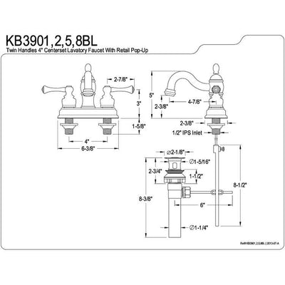 Kingston Brass Chrome 2 Handle 4" Centerset Bathroom Faucet with Pop-up KB3901BL