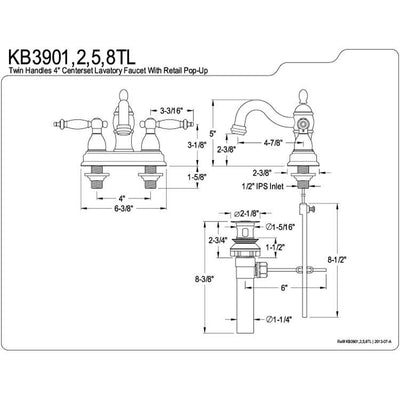 Kingston Satin Nickel Templeton 4" Centerset Bathroom Faucet W/Pop-Up KB3908TL