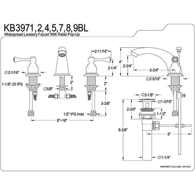 Kingston Brass Chrome 2 Handle Widespread Bathroom Faucet with Pop-up KB3971BL