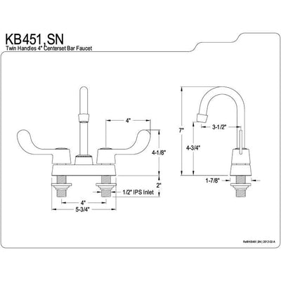 Kingston Brass Satin Nickel Two Handle 4" Centerset Bar Faucet KB451SN