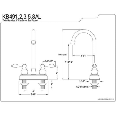 Kingston Chrome Two Handle 4" Centerset High-Arch Bar Prep Sink Faucet KB491AL