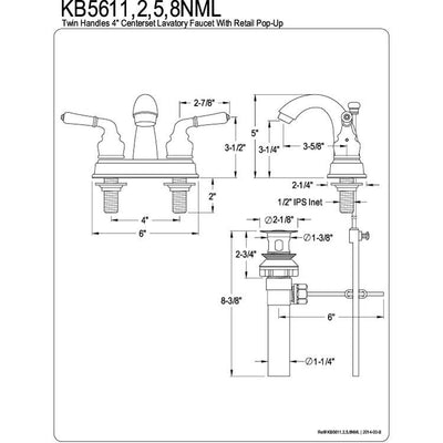 Kingston Chrome 2 Handle 4" Centerset Bathroom Faucet with Pop-up KB5611NML