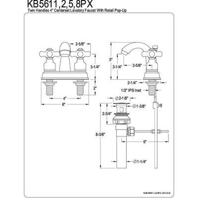 Kingston Polished Brass 2 Handle 4" Centerset Bathroom Faucet w Drain KB5612PX