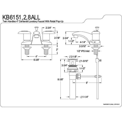 Kingston Polished Brass 2 Handle 4" Centerset Bathroom Faucet w Drain KB6152ALL