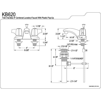 Kingston Brass Chrome 2 Handle 4" Centerset Bathroom Faucet with Pop-up KB620