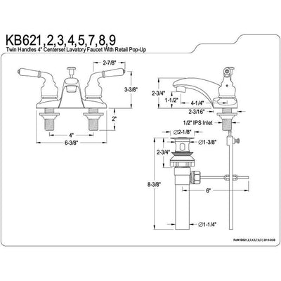 Kingston Chrome Magellan 4" 2 handle centerset bathroom faucet w/pop-up KB621