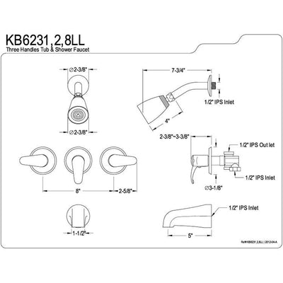 Kingston Polished Brass Three Handle Tub and Shower Combination Faucet KB6232LL