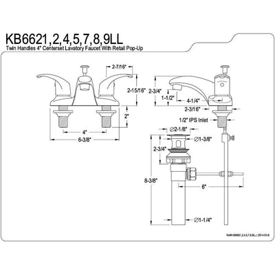 Kingston Chrome 2 Handle 4" Centerset Bathroom Faucet with Pop-up KB6621LL