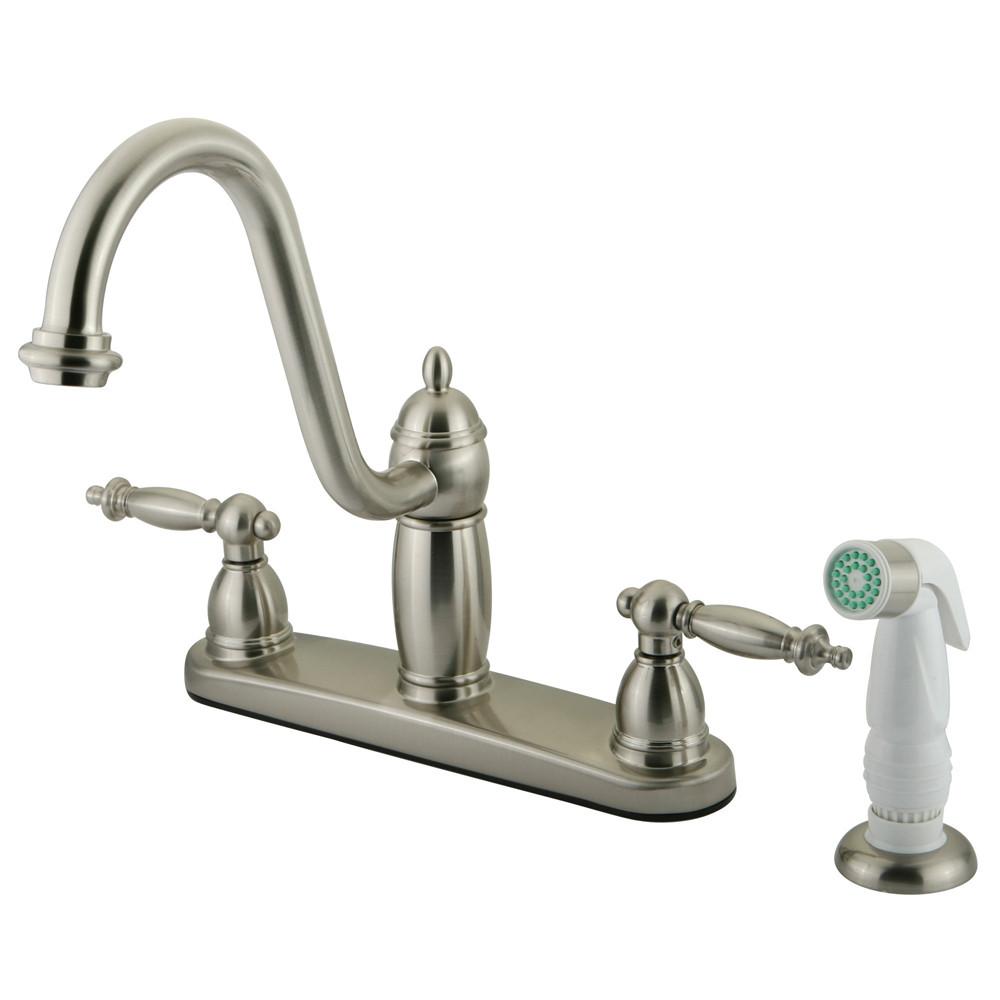 Kingston Satin Nickel Templeton 8" Kitchen Faucet With White Sprayer KB7118TL