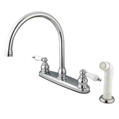 Kingston Chrome Double Handle Goose Neck Kitchen Faucet with White Sprayer KB721