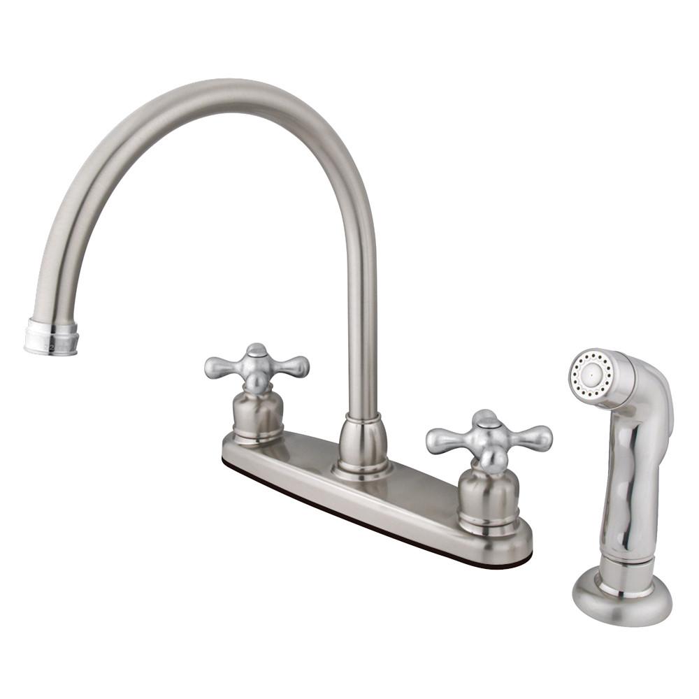 Kingston Chrome Double Handle Goose Neck Kitchen Faucet w White Sprayer KB727AX