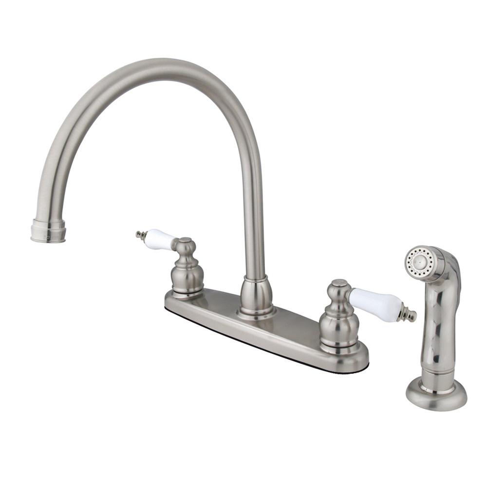 Kingston Satin Nickel Double Handle Goose Neck Kitchen Faucet w Sprayer KB728SP