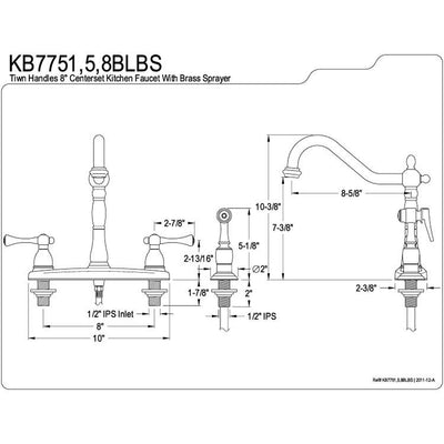 Kingston Chrome English Vintage 8" Kitchen Faucet With Brass Sprayer KB7751BLBS