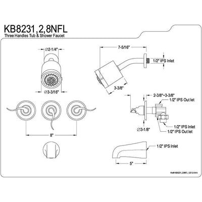 Kingston Brass Chrome NuWave French three handle tub & shower faucet KB8231NFL