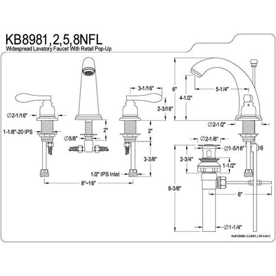 Kingston Chrome NuWave French widespread bathroom faucet w/ pop-up KB8981NFL