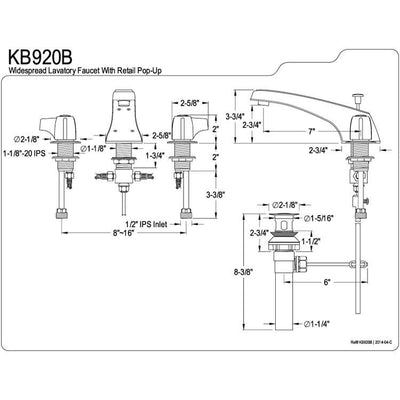 Kingston Brass Chrome 2 Handle Widespread Bathroom Faucet w Pop-up KB920B