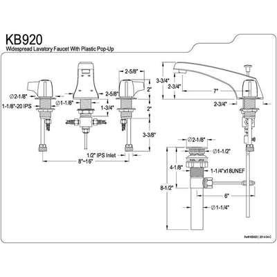 Kingston Brass Chrome 2 Handle Widespread Bathroom Faucet with Pop-up KB920