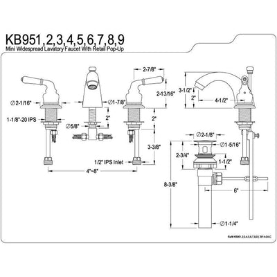 Kingston Chrome 2 Handle 4" to 8" Mini Widespread Bathroom Faucet w Pop-up KB951