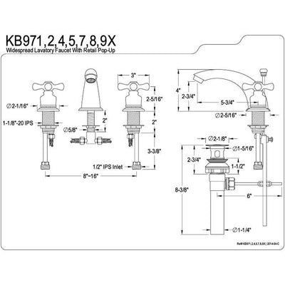 Kingston Brass Chrome 2 Handle Widespread Bathroom Faucet with Pop-up KB971X