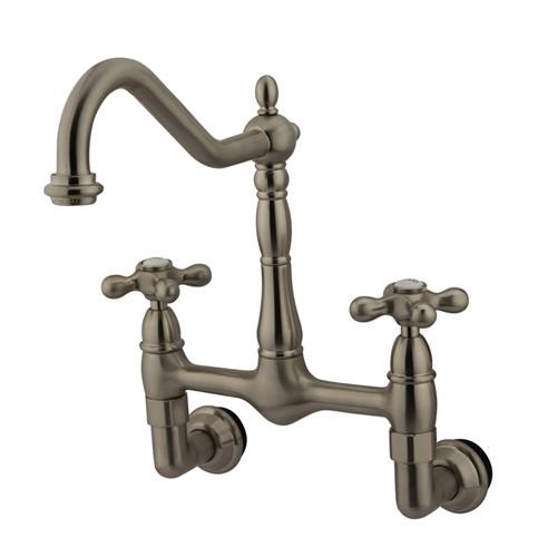 Kingston Brass Cross Handle Satin Nickel Wall Mount Kitchen Faucet KS1098AX