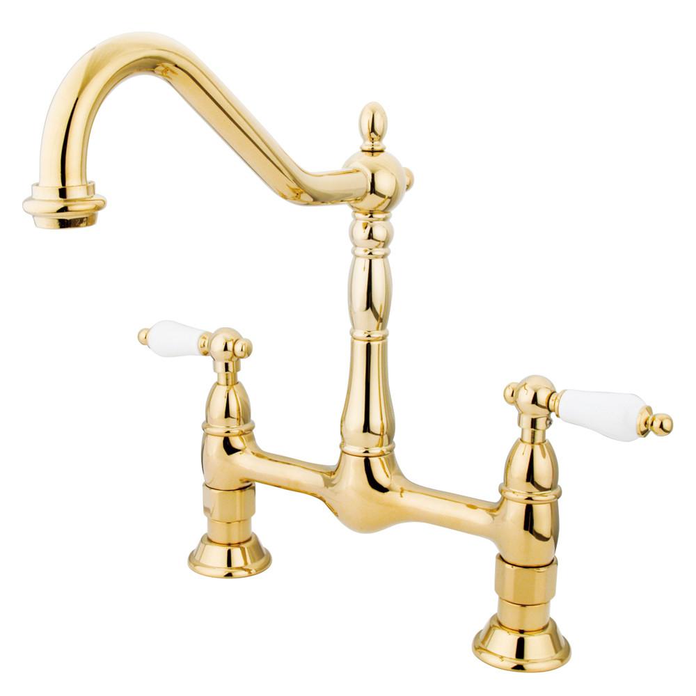 Kingston Polished Brass Two Handle 8" Centerset Bridge Kitchen Faucet KS1172PL