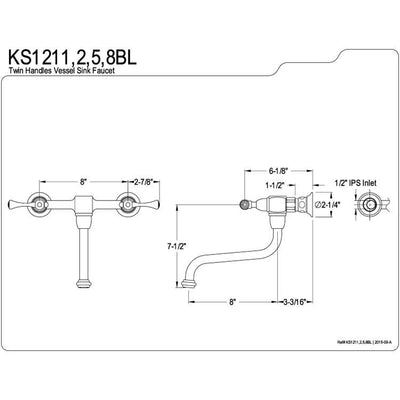 Kingston Brass Metal Lever Handle Chrome Bathroom Wall Mount Faucet KS1211BL