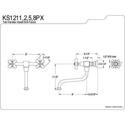 Kingston Porcelain Cross Handle Satin Nickel Bathroom Wall Mount Faucet KS1218PX