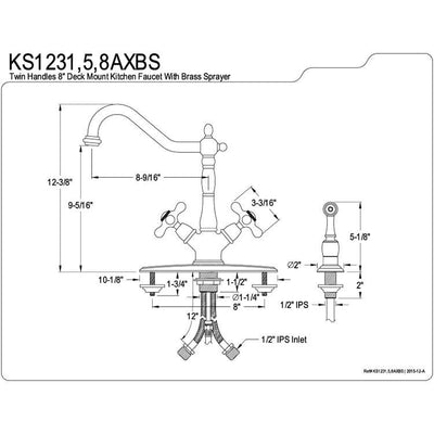 Kingston Chrome 2 Handle Single Hole Kitchen Faucet w Brass Spray KS1231AXBS