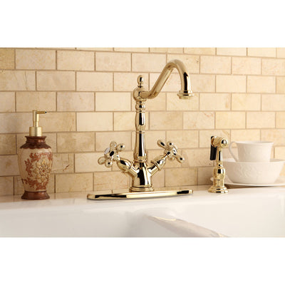 Kingston Polished Brass 2 Handle Single Hole Kitchen Faucet w Spray KS1232AXBS