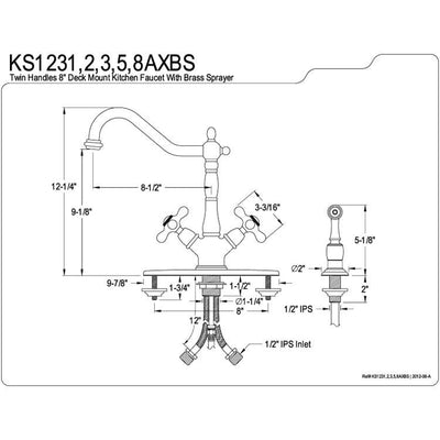 Kingston Polished Brass 2 Handle Single Hole Kitchen Faucet w Spray KS1232AXBS