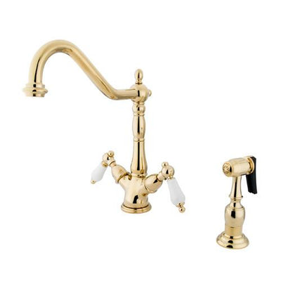 Kingston Polished Brass 2 Handle Single Hole Kitchen Faucet w Spray KS1232PLBS