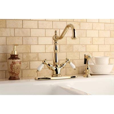 Kingston Polished Brass 2 Handle Single Hole Kitchen Faucet w Spray KS1232PLBS