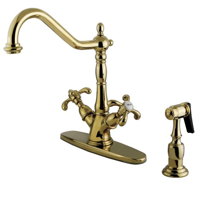 Kingston Polished Brass Deck Mount Kitchen Faucet w/ brass sprayer KS1232TXBS